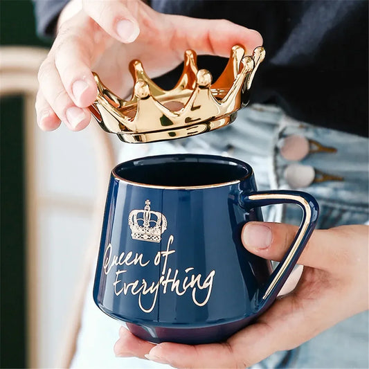 Queen of Everything Mug with Crown Lid Spoon Ceramic Coffee Cup Gift for Girlfriend Wife Crown Lid Mug Wake Bake Water Bottom - ShopperDeals.shop